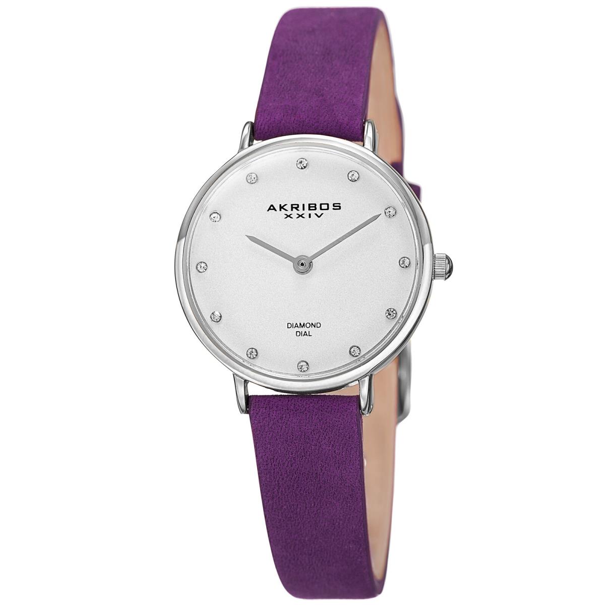 Women`s Akribos Xxiv AK882PU Silver-tone Diamond Dial Purple Leather Strap Watch