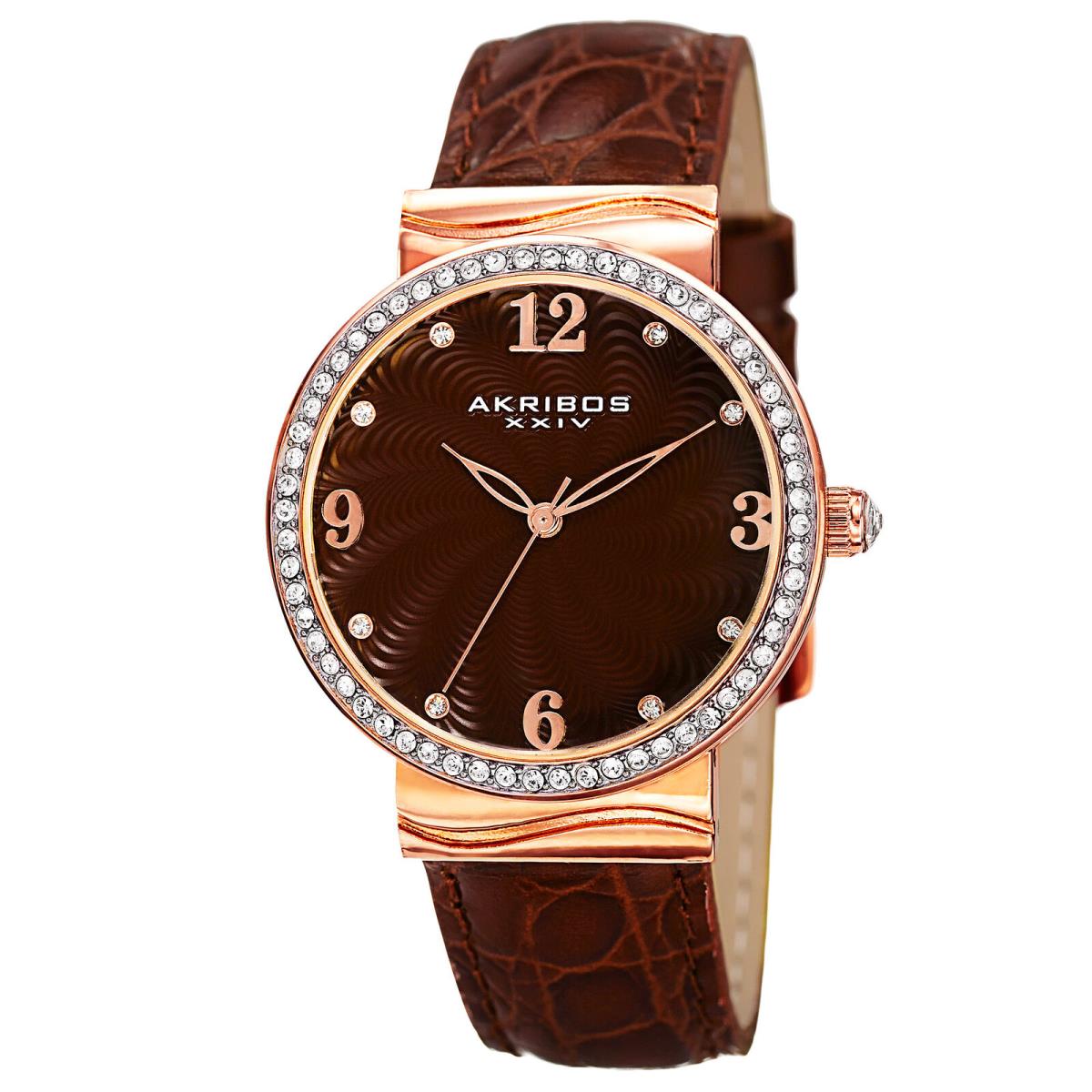 Women`s Akribos Xxiv AK829RGBR Quartz Swarovski Crystal Brown Leather Watch