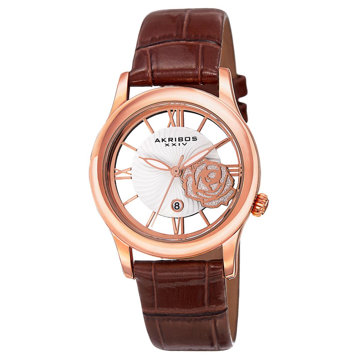 Women`s Akribos Xxiv AK837RGBR Quartz Date Floral Dial Brown Leather Watch