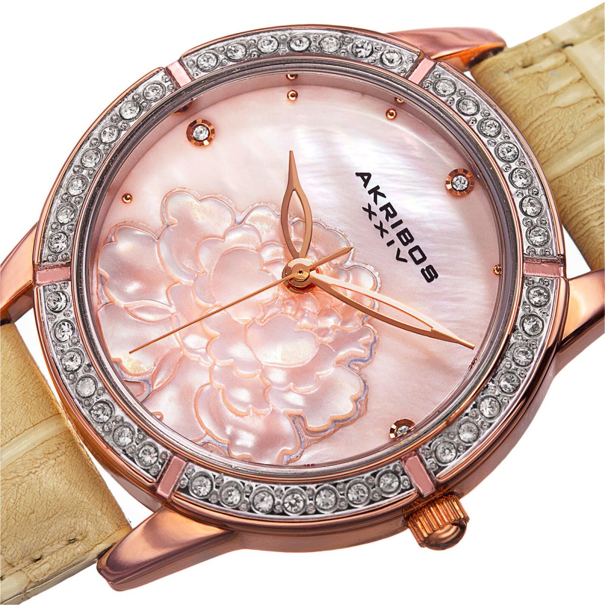 Women`s Akribos Xxiv AK805RG Carnation Pattern Mop Dial Beige Leather Watch