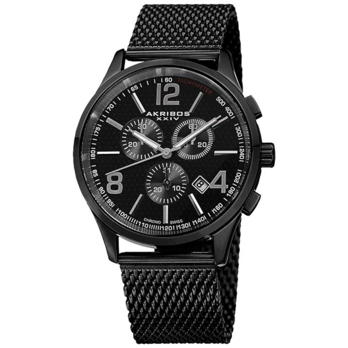 Akribos Xxiv AK719BK Mens Ultimate Chronograph Black Steel Mesh Date Watch