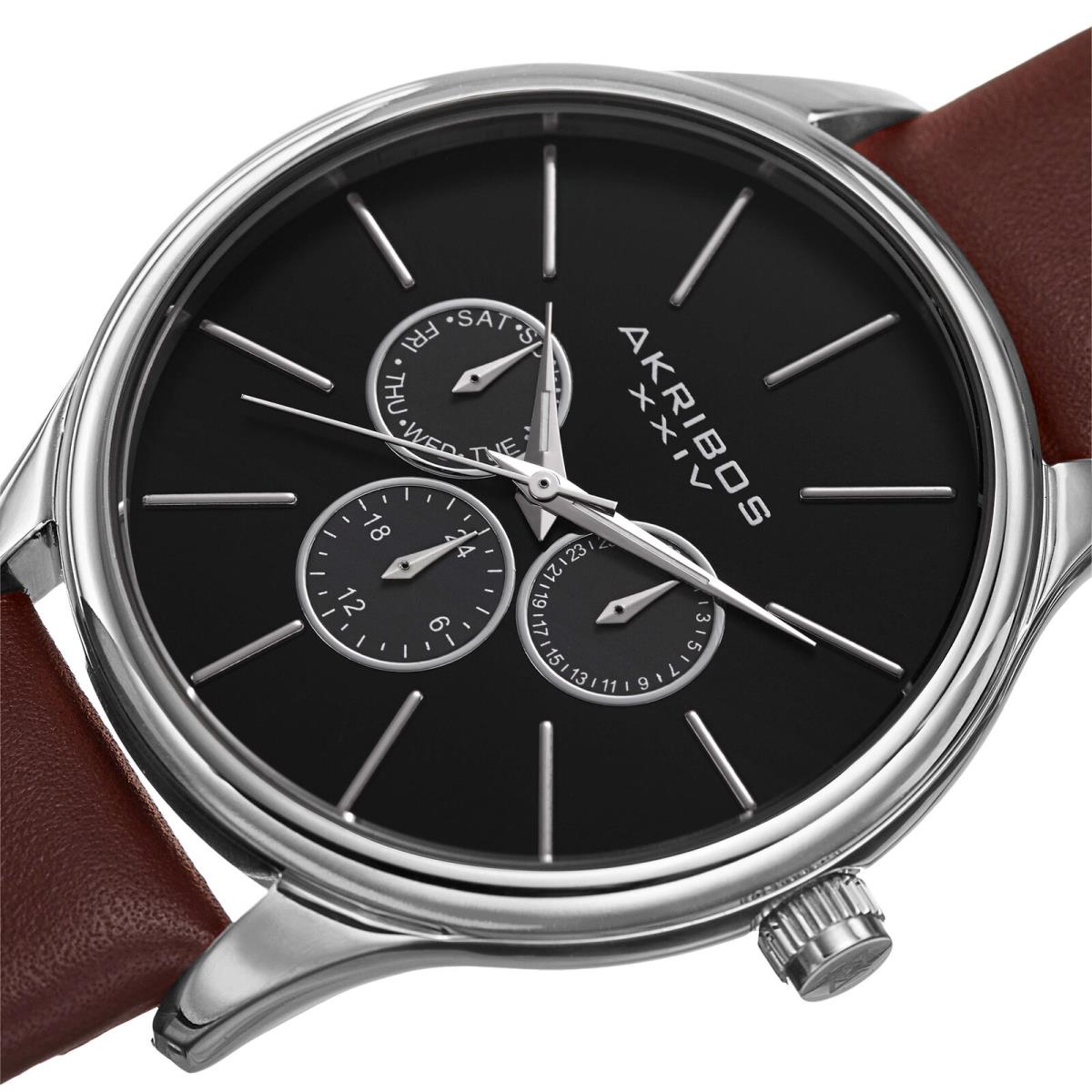 Men`s Akribos Xxiv AK870BR Day/date Black Sunray Dial Brown Leather Strap Watch