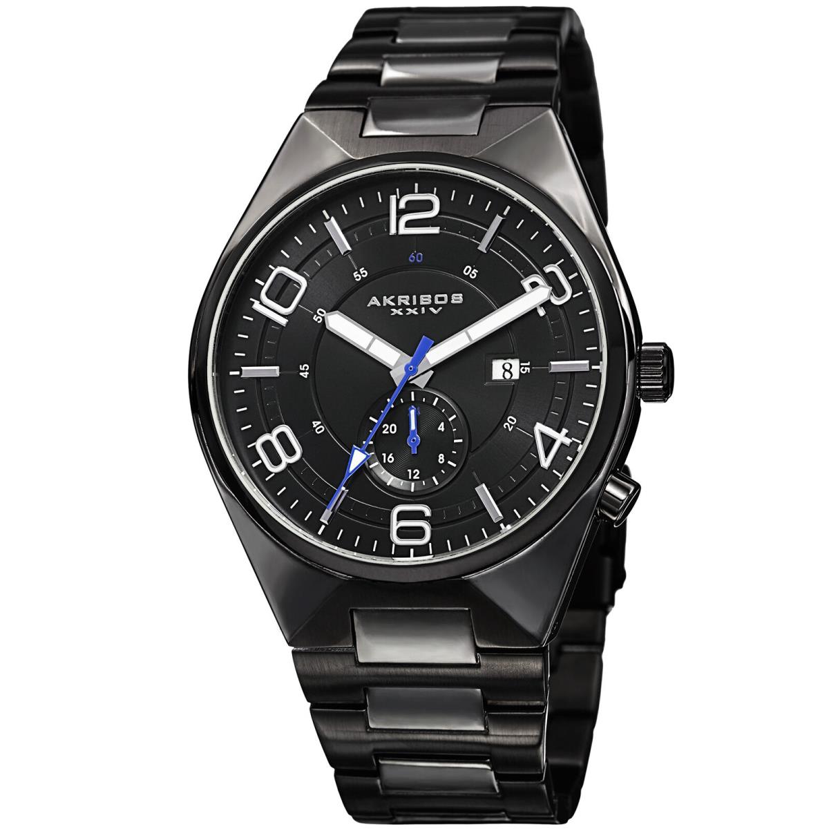 Men`s Akribos Xxiv AK849BK Swiss Dual-time Date Black Dial Stainless Steel Watch