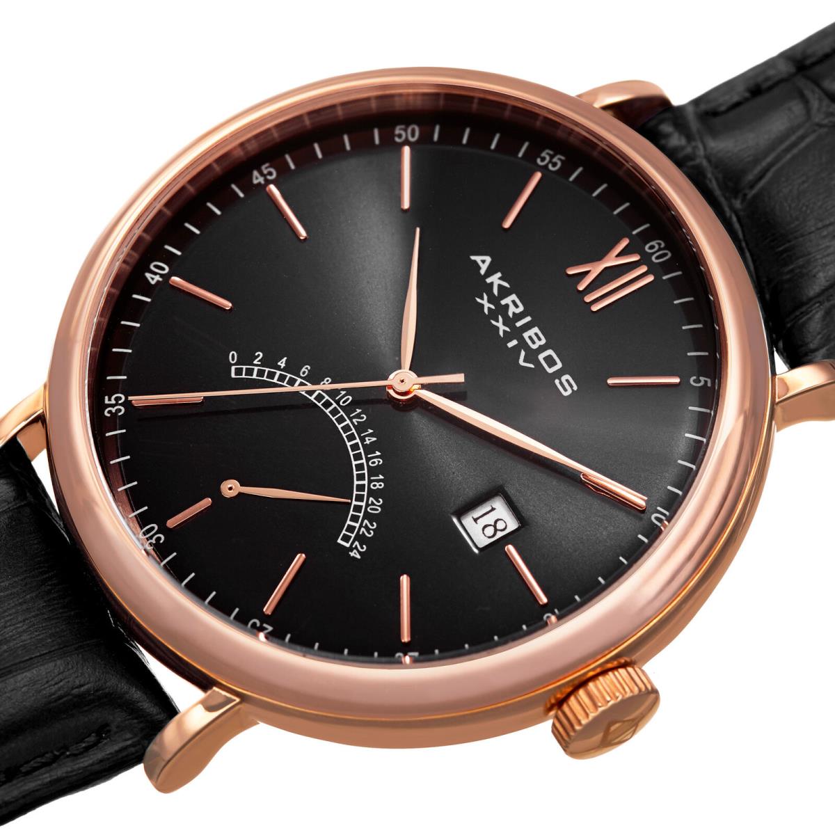 Men`s Akribos Xxiv AK845RGBK Rose-tone Retrograde Black Leather Strap Watch