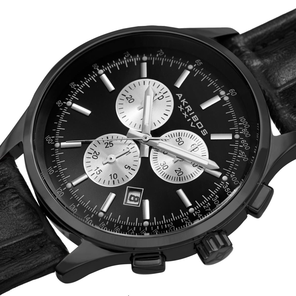 Men`s Akribos Xxiv AK863BK All Black Dial Chronograph Leather Strap Watch