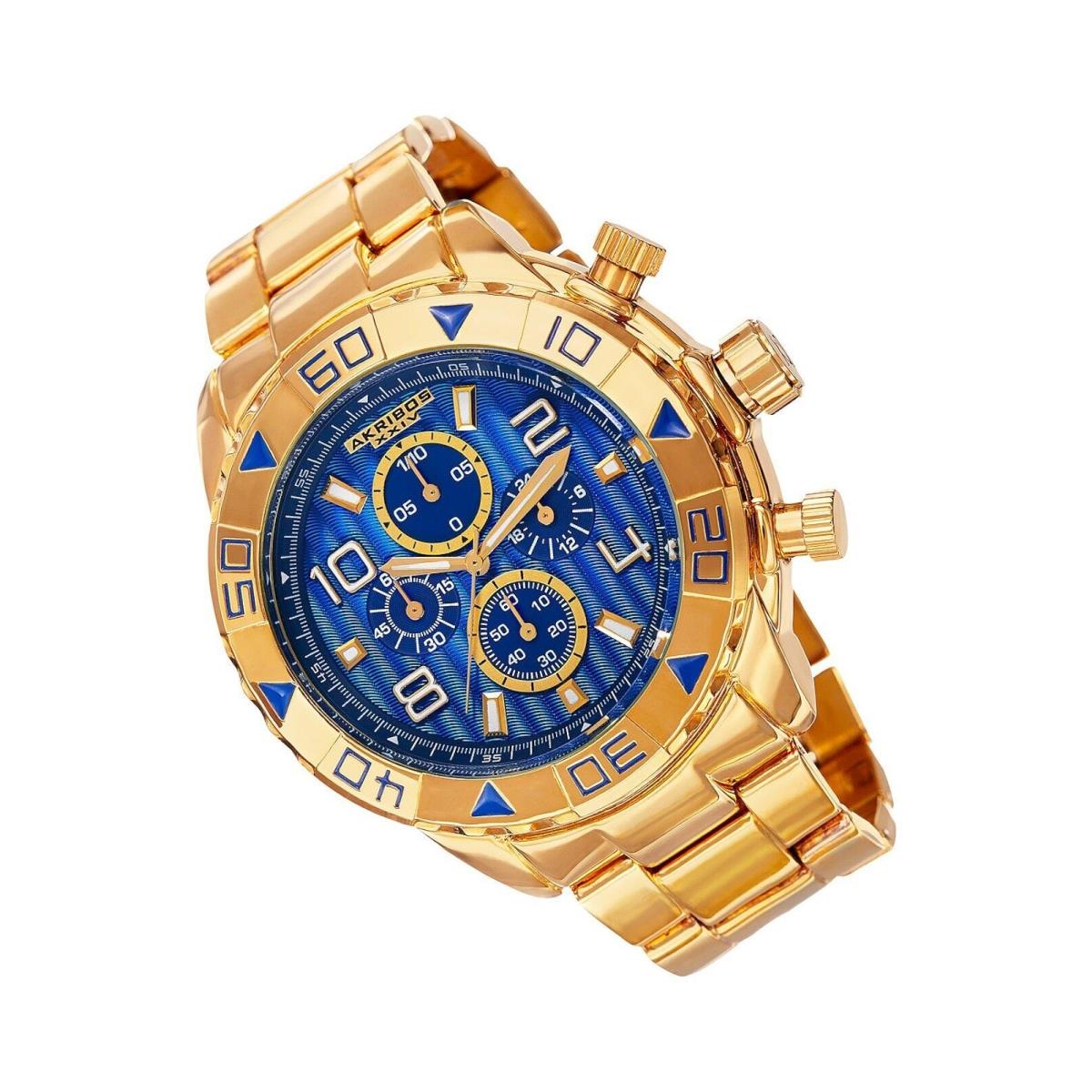 Akribos Xxiv AK814YGBU Men`s Large Gold Blue Dial Chronograph Luminous Watch