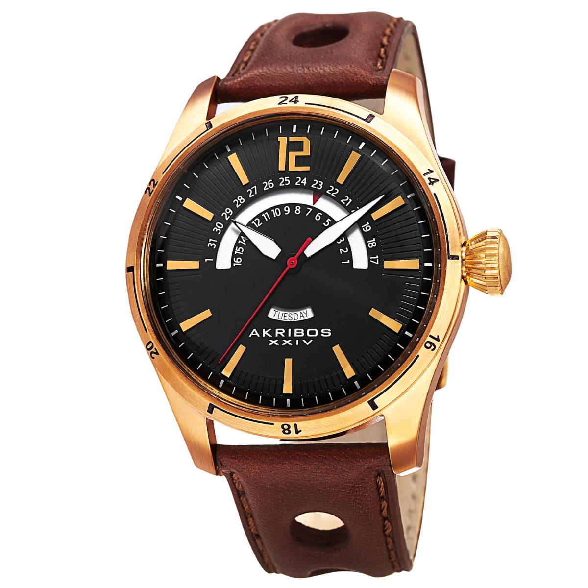 Men`s Akribos Xxiv AK850YG Gold-tone Retrograde Date Brown Leather Strap Watch