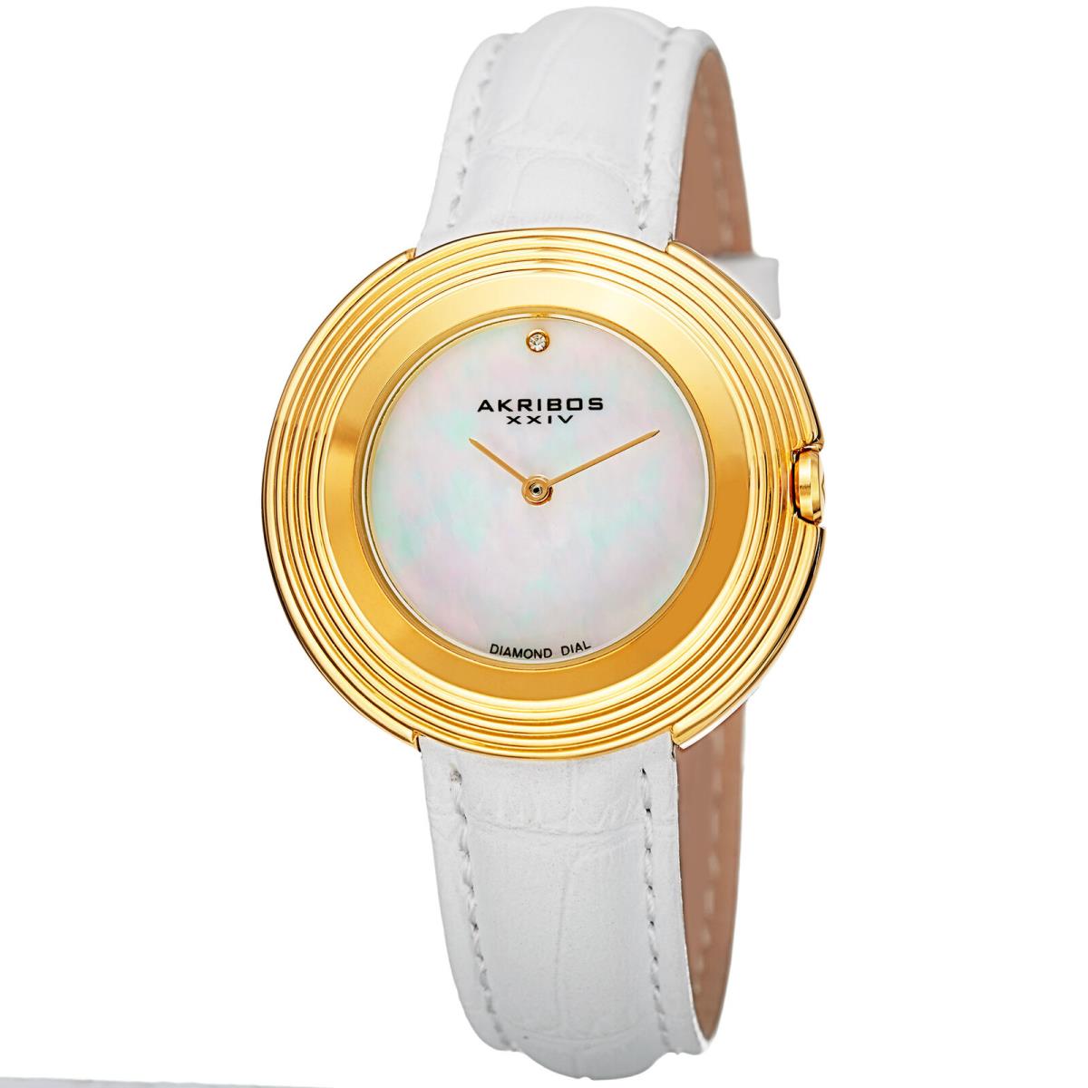 Women`s Akribos Xxiv AK876WTG Gold-tone Diamond Dial White Leather Strap Watch