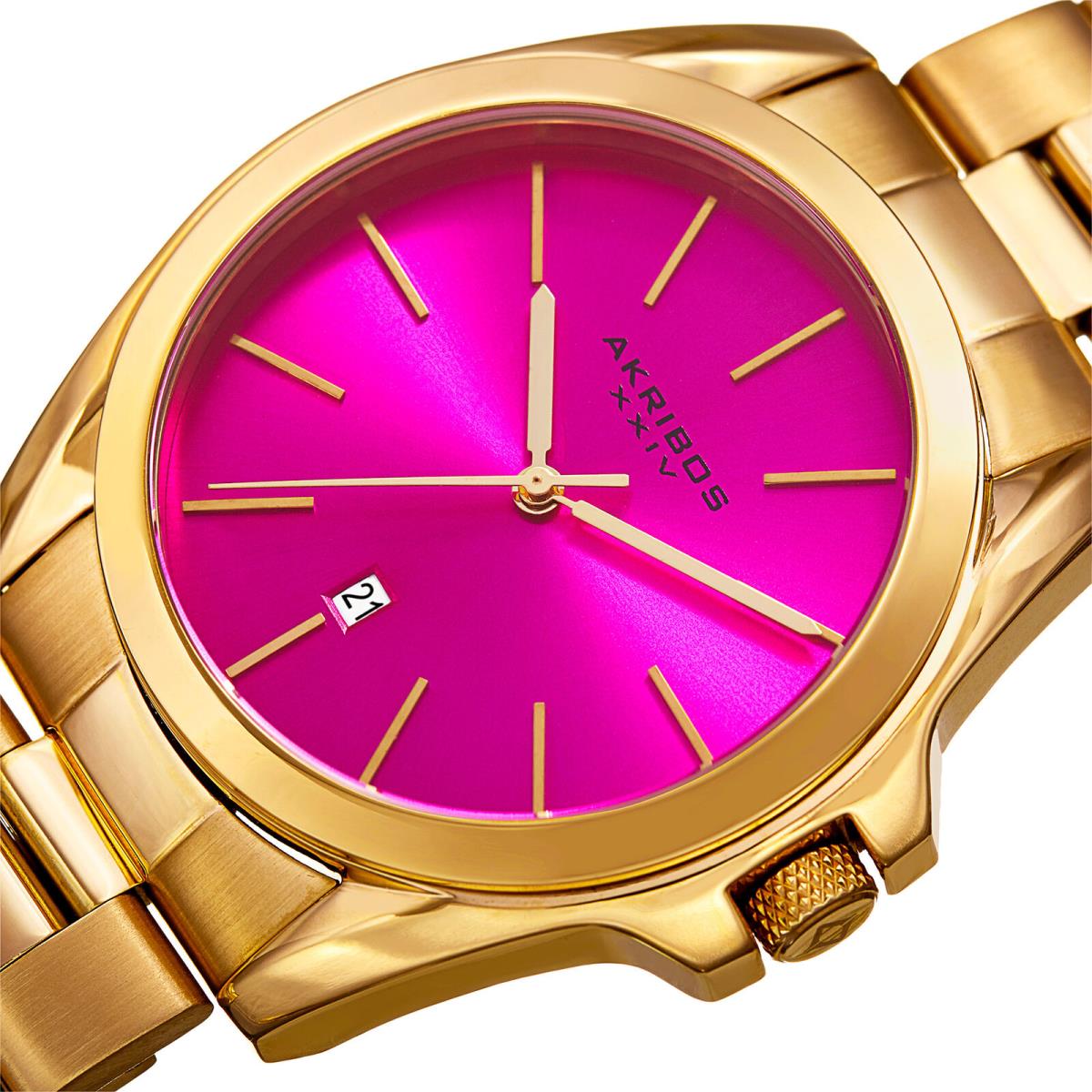 Men`s Akribos Xxiv AK948YGPK Hot Pink Sunburst Dial Date Quartz Bracelet Watch