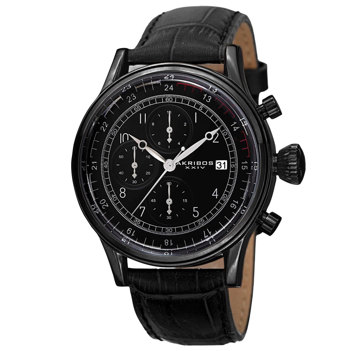 Men`s Akribos Xxiv AK798BK Quartz Chronograph All Black Leather Strap Watch