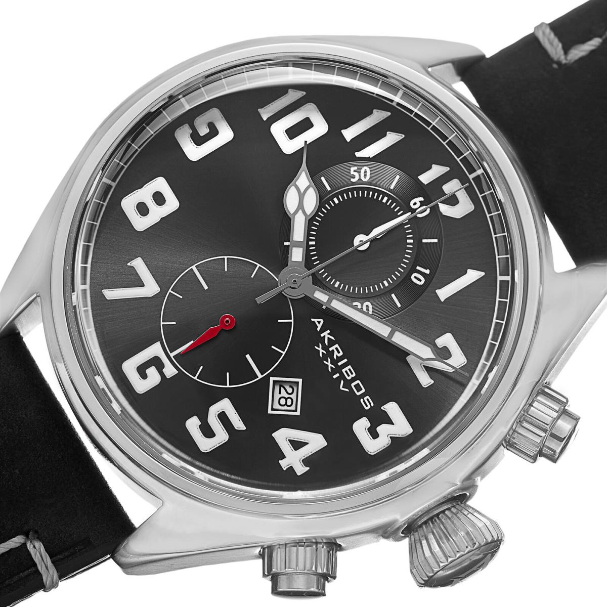 Men`s Akribos Xxiv AK706SSB Quartz Chronograph Date Black Leather Watch