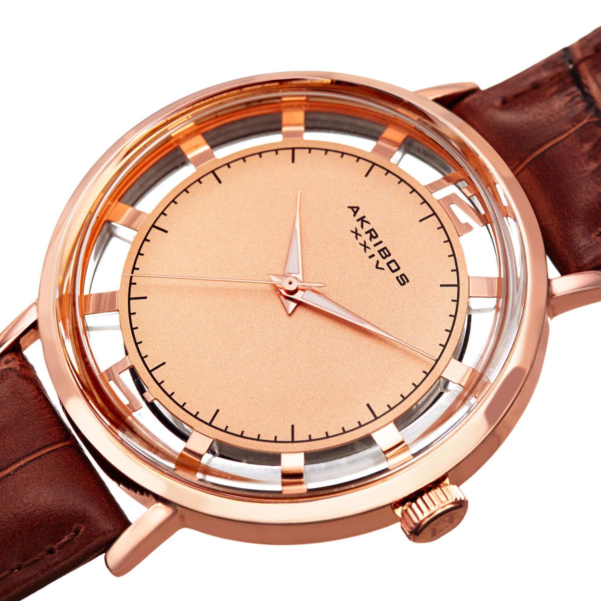 Men`s Akribos Xxiv AK860RGBR Rose-tone Transparent Dial Brown Leather Watch