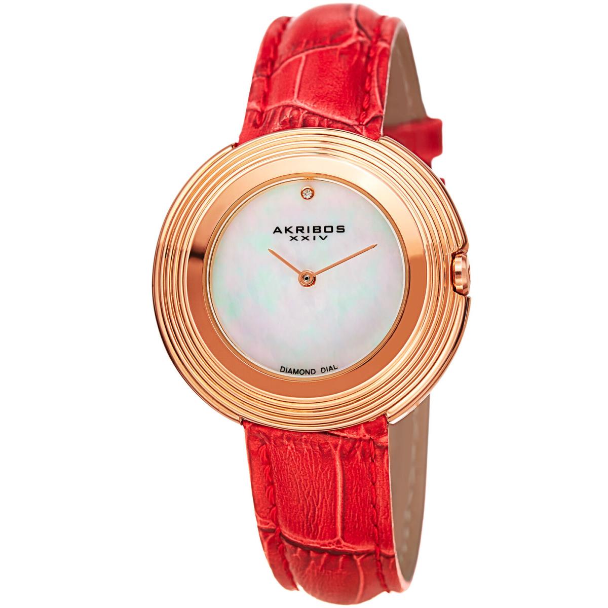 Women`s Akribos Xxiv AK876RD Rose-tone Diamond Dial Red Leather Strap Watch