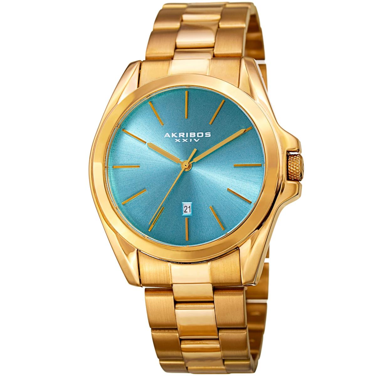 Men`s Akribos Xxiv AK948YGTQ Turquoise Sunburst Dial Date Quartz Bracelet Watch