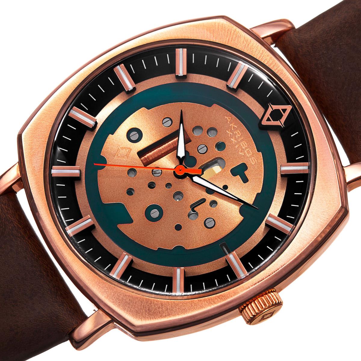 Men`s Akribos Xxiv AK826RGBR Unique Artificial Skeleton Brown Leather Watch