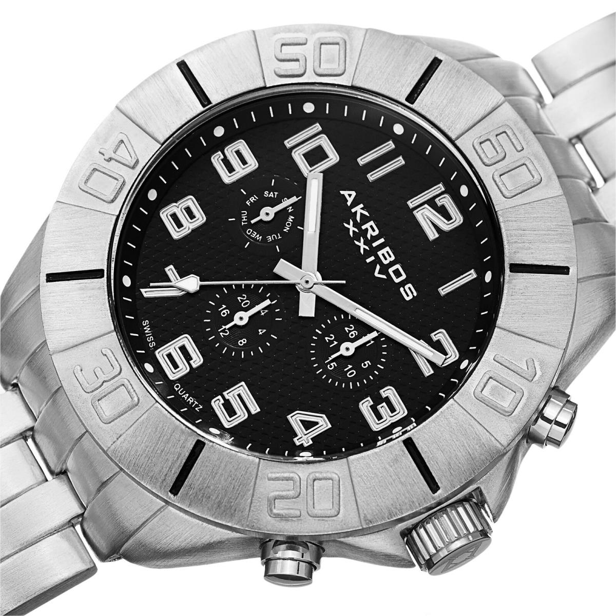 Men`s Akribos Xxiv AK767SSB Swiss Quartz Multifunction Silve-tone Bracelet Watch - Dial: Black, Band: Silver