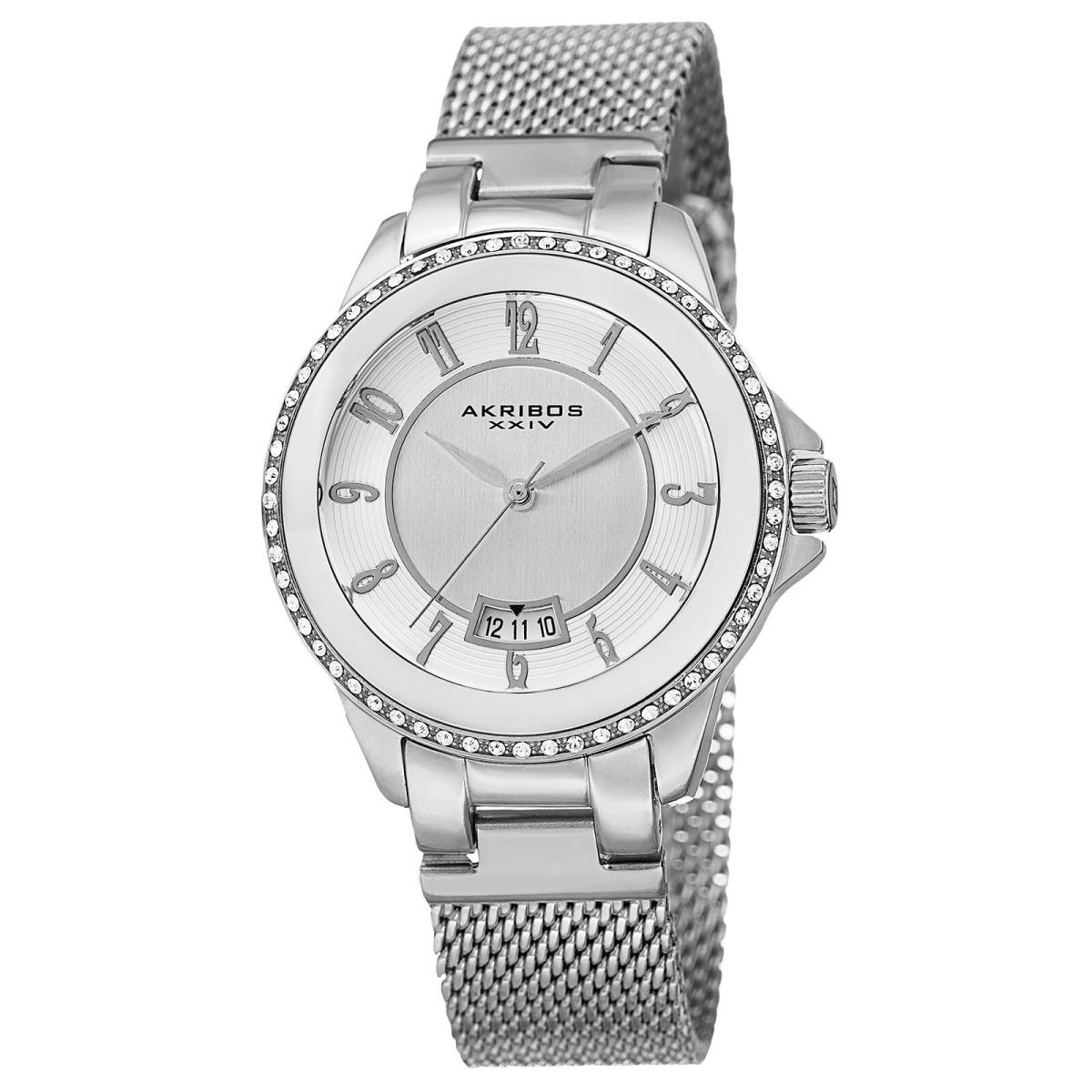 Women`s Akribos Xxiv AK840SS Silver-tone Crystal Bezel Mesh Bracelet Watch