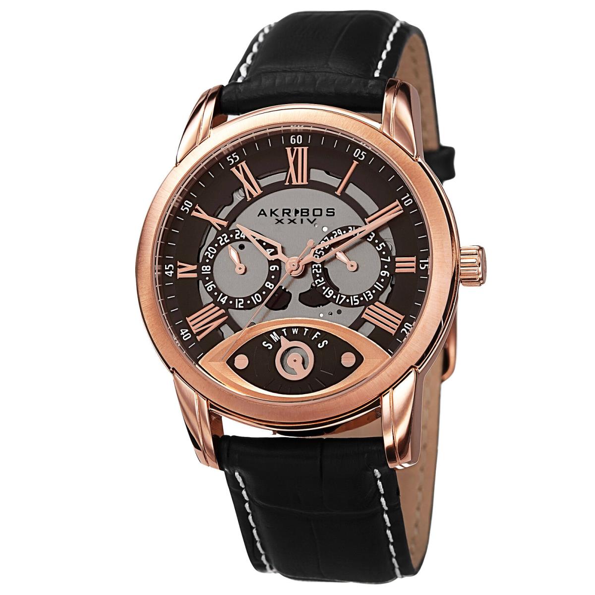 Men`s Akribos Xxiv AK725RG Rose-tone Multifunction Step Dial Brown Leather Watch