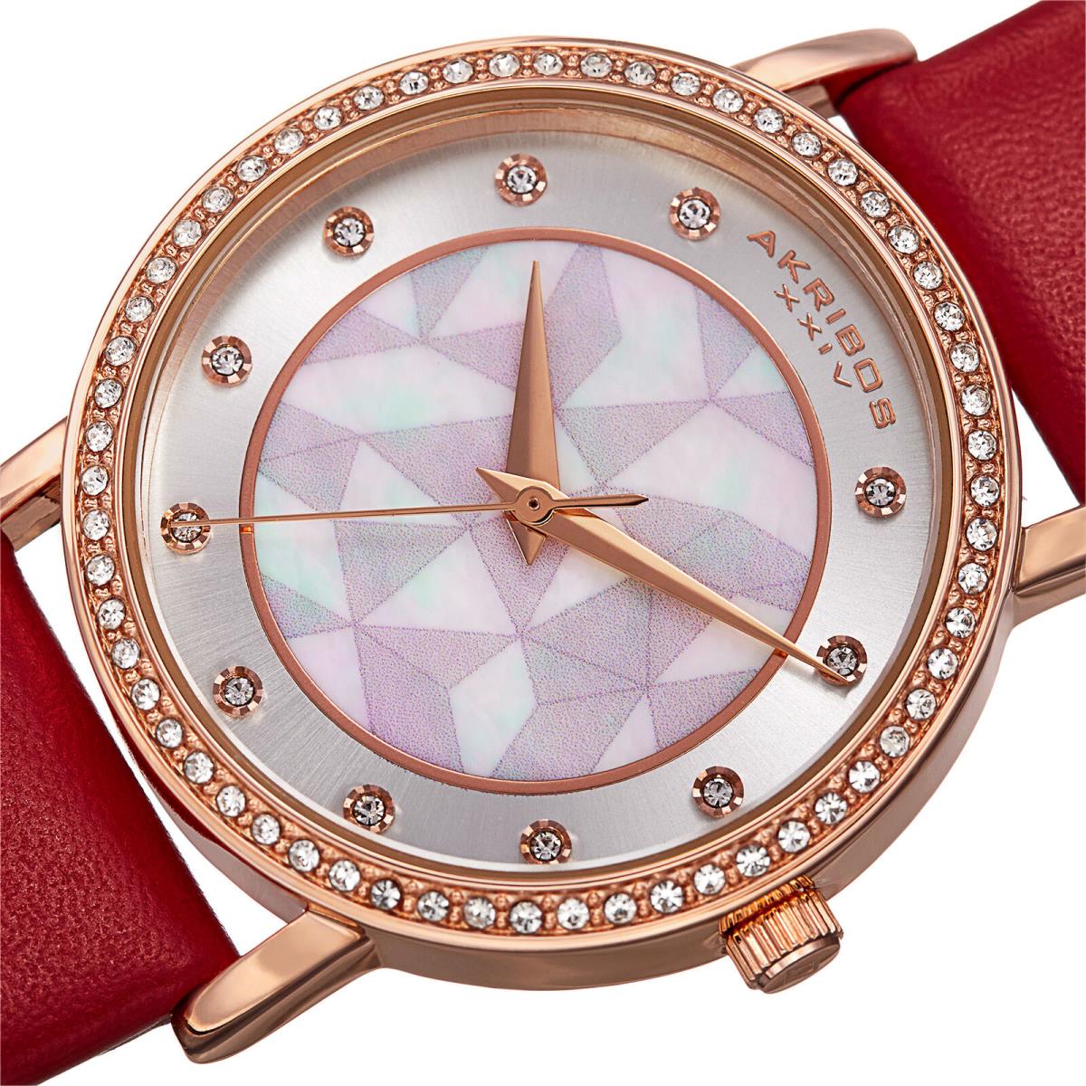 Women`s Akribos Xxiv AK791RD Crystal Bezel Mop Pattern Dial Red Strap Watch