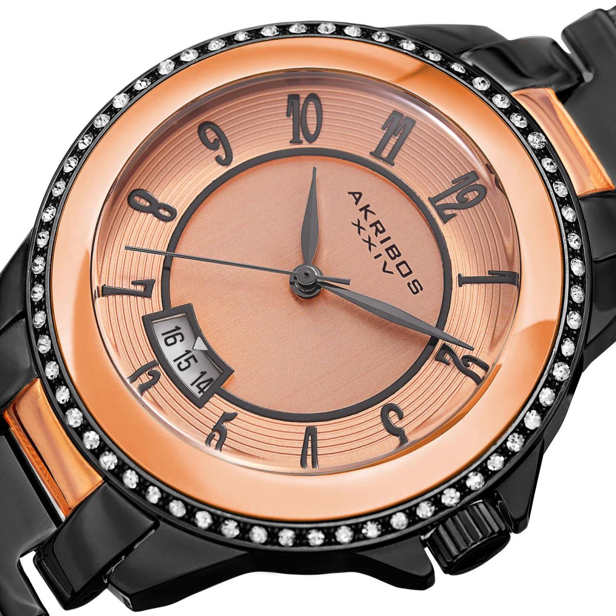 Women`s Akribos Xxiv AK840BKR Rose Black Crystal Bezel Mesh Bracelet Watch