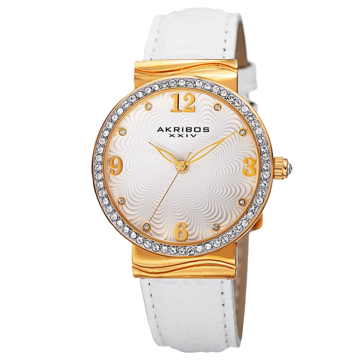 Women`s Akribos Xxiv AK829WTG Quartz Swarovski Crystal White Leather Watch