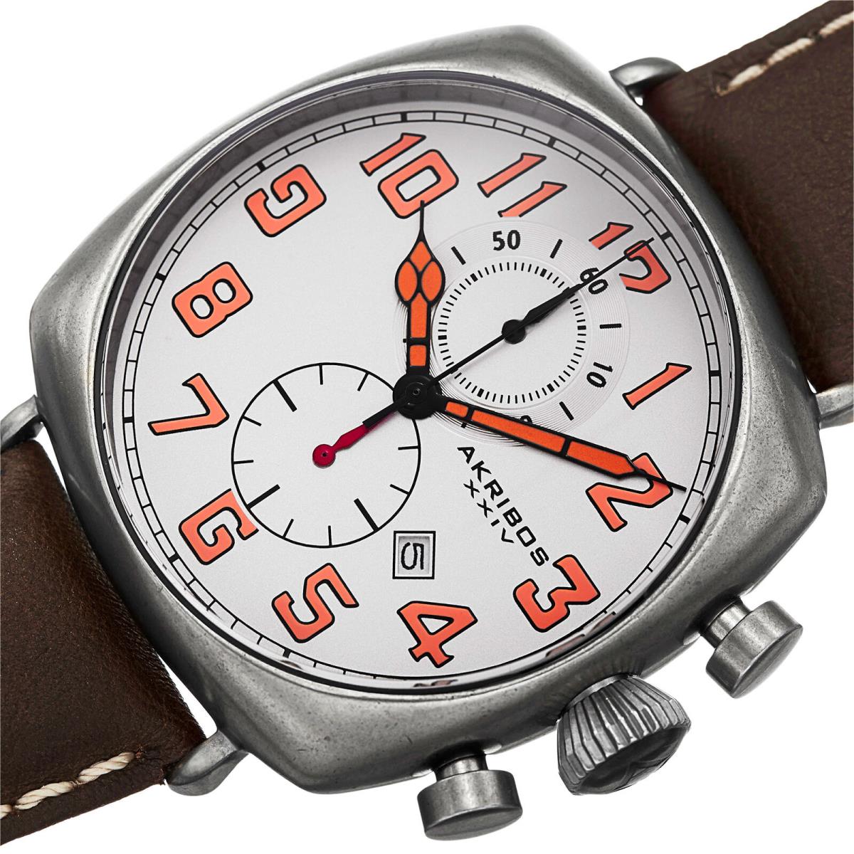 Men`s Akribos Xxiv AK786WT Quartz Chronograp White Dial Leather Strap Watch