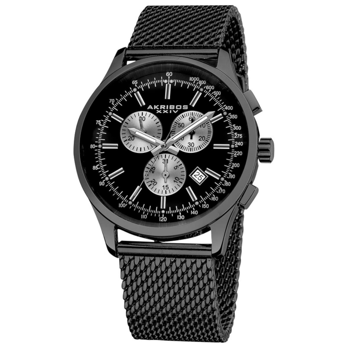 Akribos Xxiv AK625BK Chronograph Black Dial Black Steel Mens Mesh Watch 165F