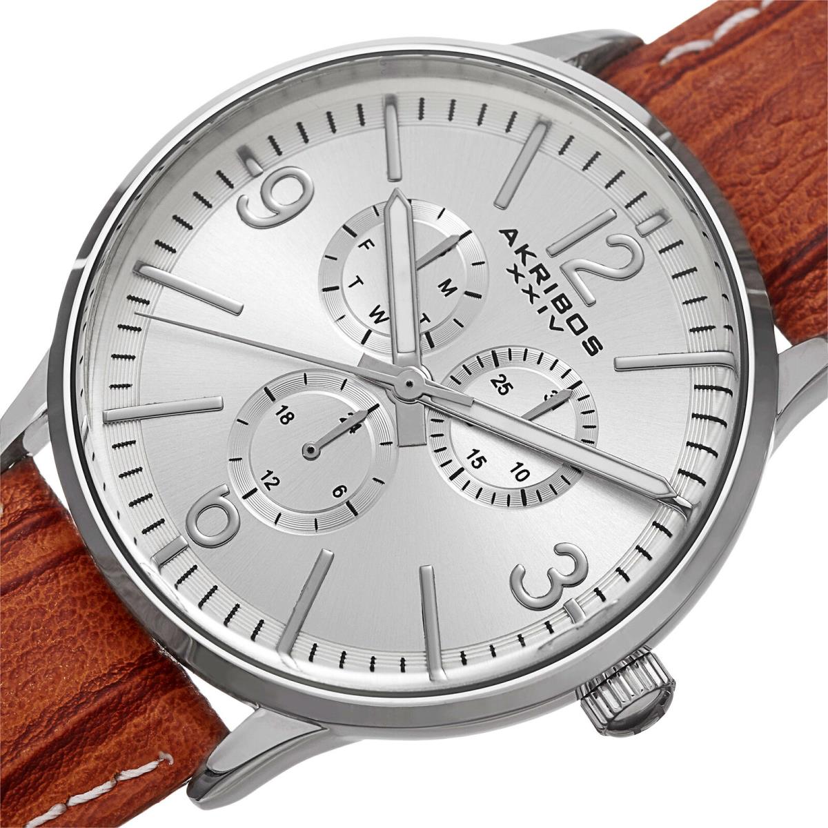 Men`s Akribos Xxiv AK769BR Quartz Multifunction Brown Leather Strap Watch