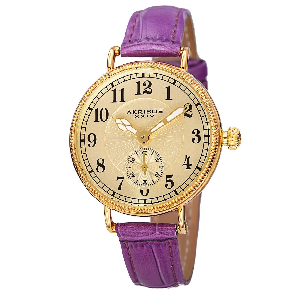 Women`s Akribos Xxiv AK828PU Quartz Gold-tone Bright Purple Leather Strap Watch