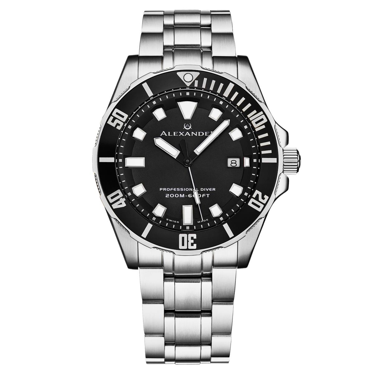 Alexander Men`s Swiss Made Quartz Divers Slim Profile Stainless Steel Link Watch