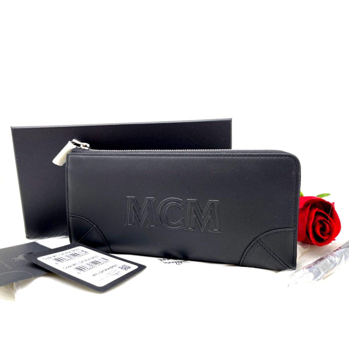 Mcm Aren Large Logo Zip Around Leather Wallet Wristlet In Black