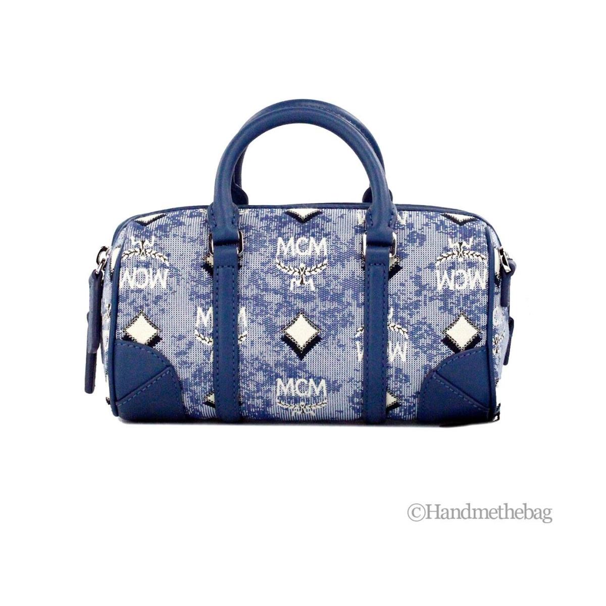 Mcm Boston Mini Blue Vintage Jacquard Logo Fabric Satchel Crossbody Handbag