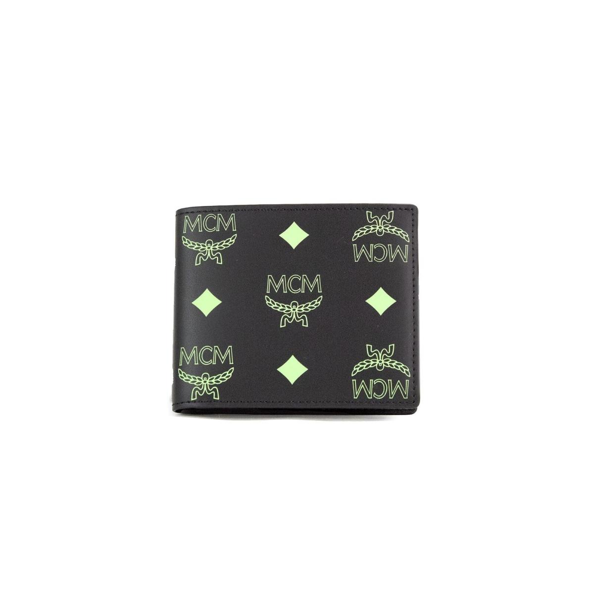 Mcm Men`s Small Black Summer Green Smooth Visetos Monogram Logo Leather Wallet