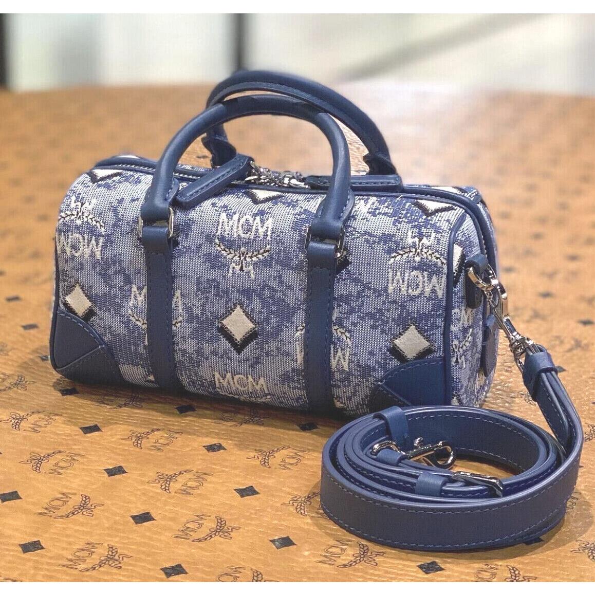 Mcm Boston Mini Blue Vintage Jacquard Logo Fabric Satchel Crossbody Handbag