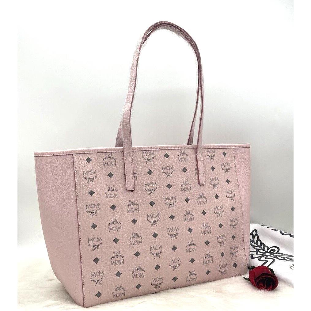 Mcm Aren Medium Visetos Logo East West Coated Canvas Tote-powder Pink