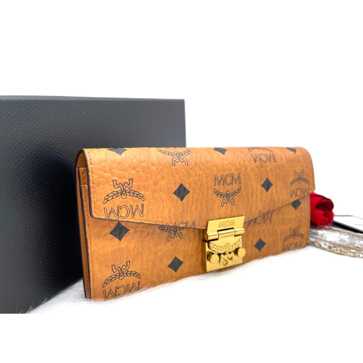 Mcm Patricia Visetos Logo Coated Canvas Wallet On Chain In Cognac