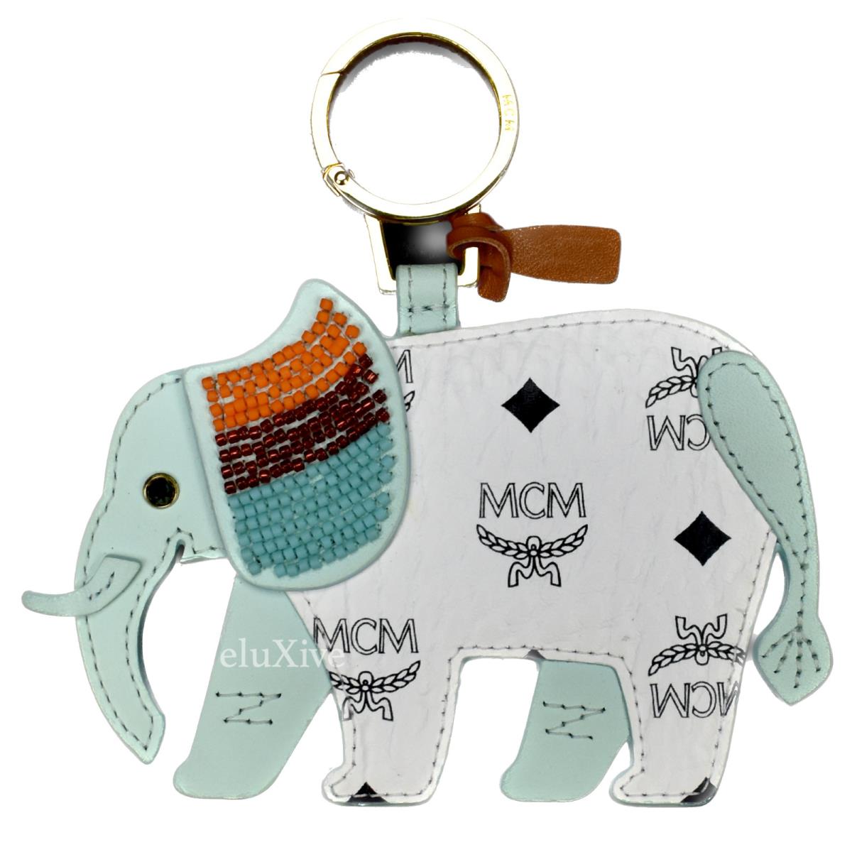 Mcm Blue White Monogram Logo Beaded Elephant Charm Keycha