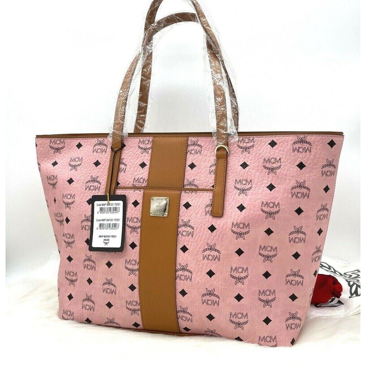 Mcm Anya Top Zip Medium Coated Canvas Shopper Tote In Soft Pink/ Cognac