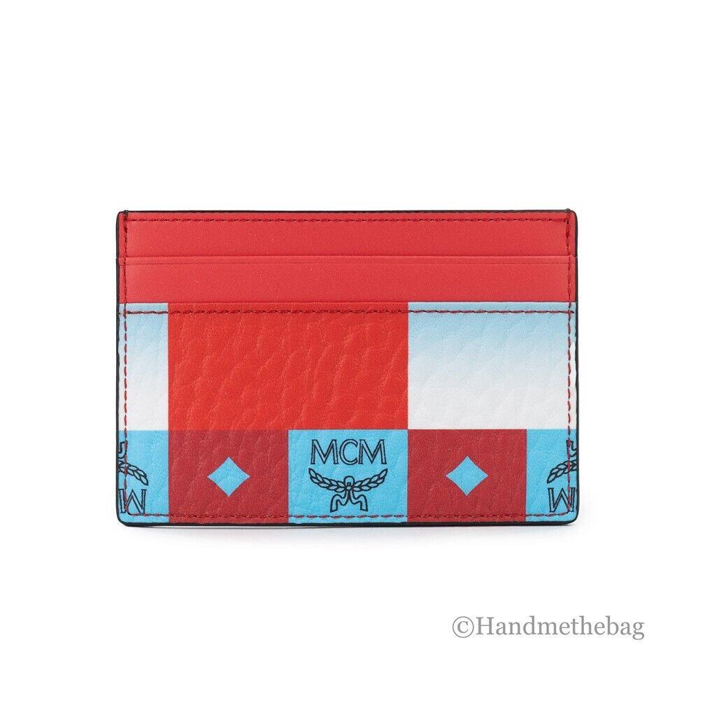 Mcm Aren Mini Checkerboard Print Red Multi Visetos Leather Slim Card Case Wallet