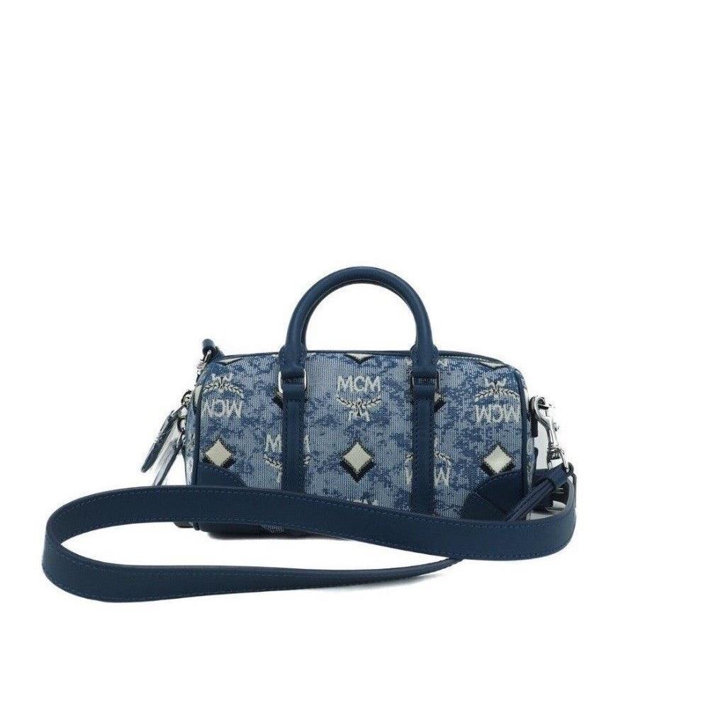 Mcm Women Blue Duffle Bag Woven Fabric Vintage Jacquard Logo Print Small Handbag