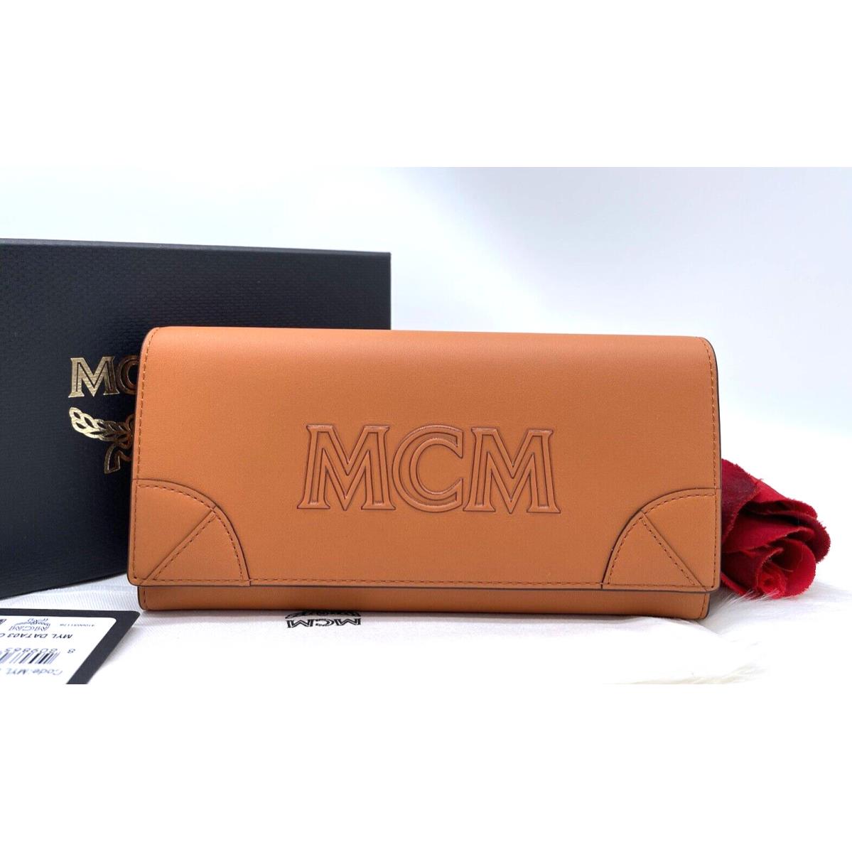 Mcm Aren Large Logo Continental Calf Leather Wallet In Cognac