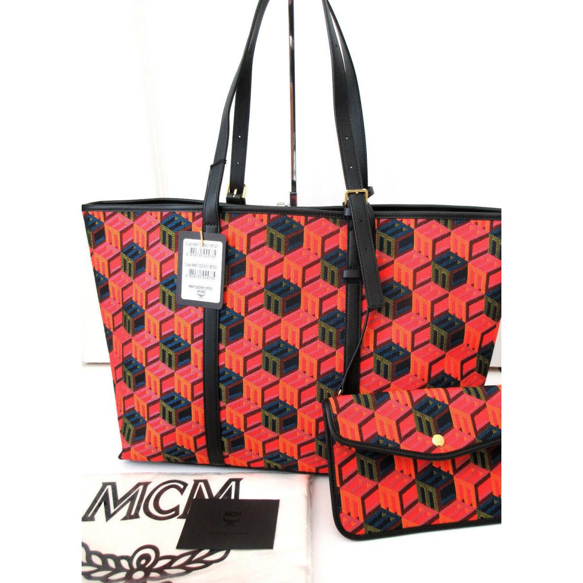 Mcm Orange/red Cubic Logo Jacquard Medium Tote Leather Trim MWPCSCK01MT001