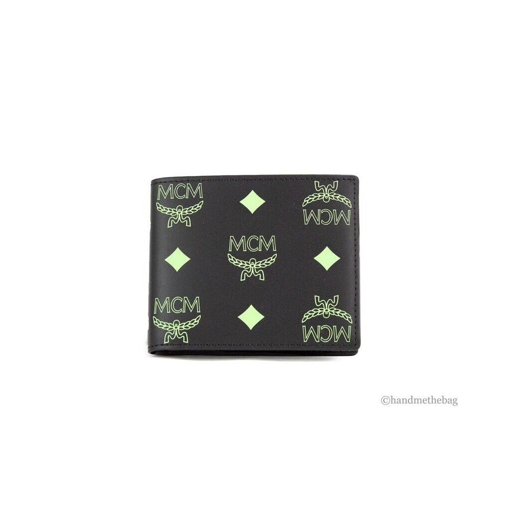 Mcm Small Black Summer Green Smooth Visetos Monogram Logo Leather Bifold Wallet