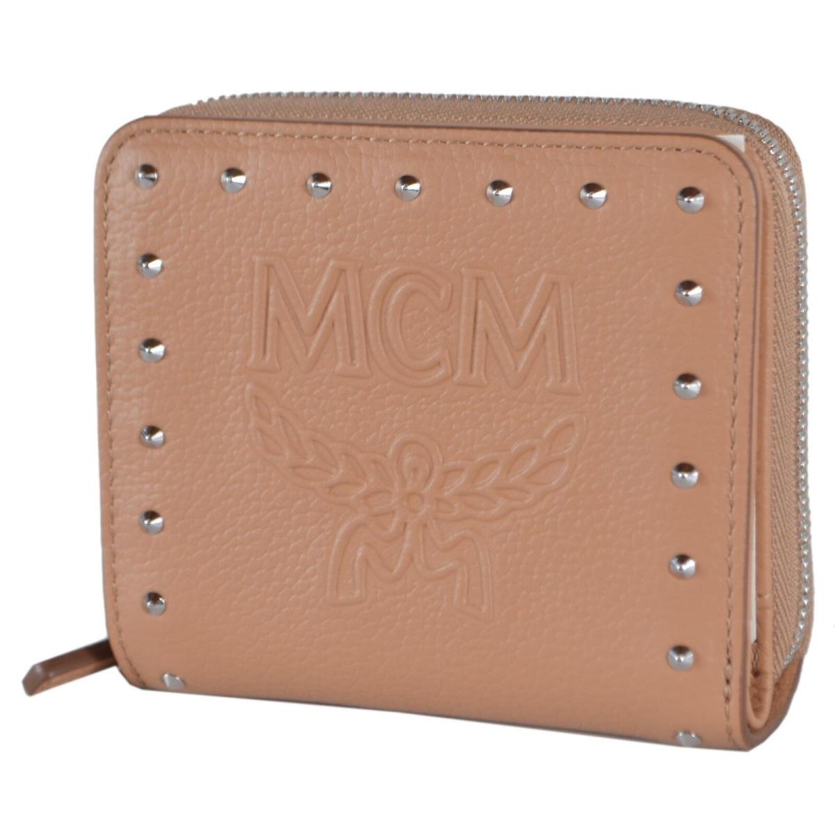 Mcm Biscuit Beige Leather Studded Visetos Logo Small Zip Around Wallet