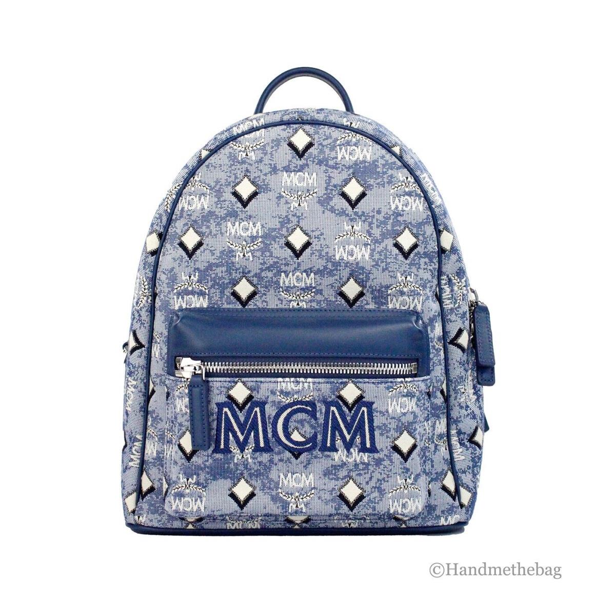 Mcm Stark Small Blue Vintage Jacquard Monogram Logo Fabric Backpack Bookbag