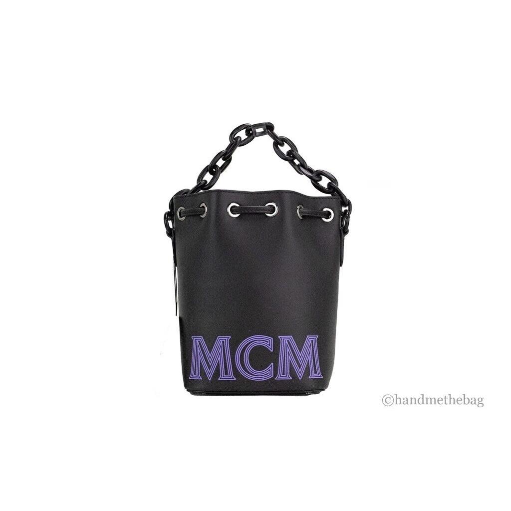 Mcm Mini Black Purple Smooth Leather Chain Shoulder Drawstring Bucket Handbag