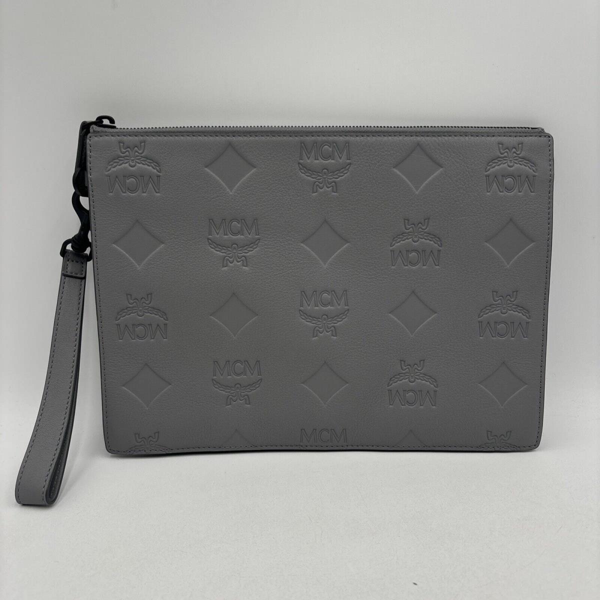 Mcm Maxi Aren Embossed Leather Wristlet Pouch Grey