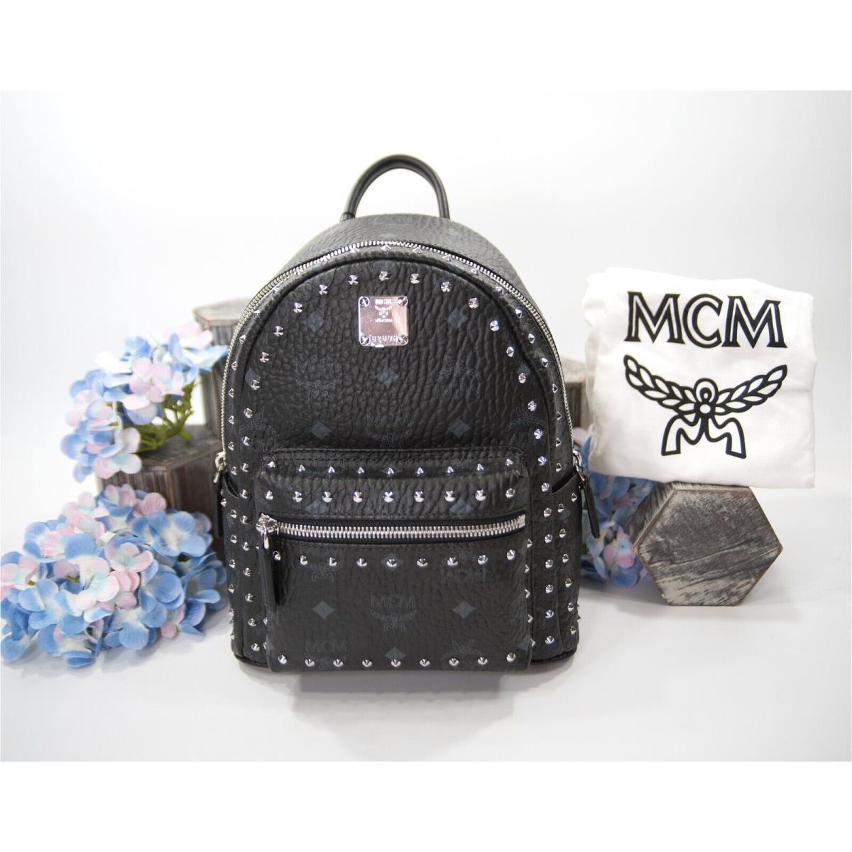 Mcm Black Studded Viisetos Leather Backpack Book Bag