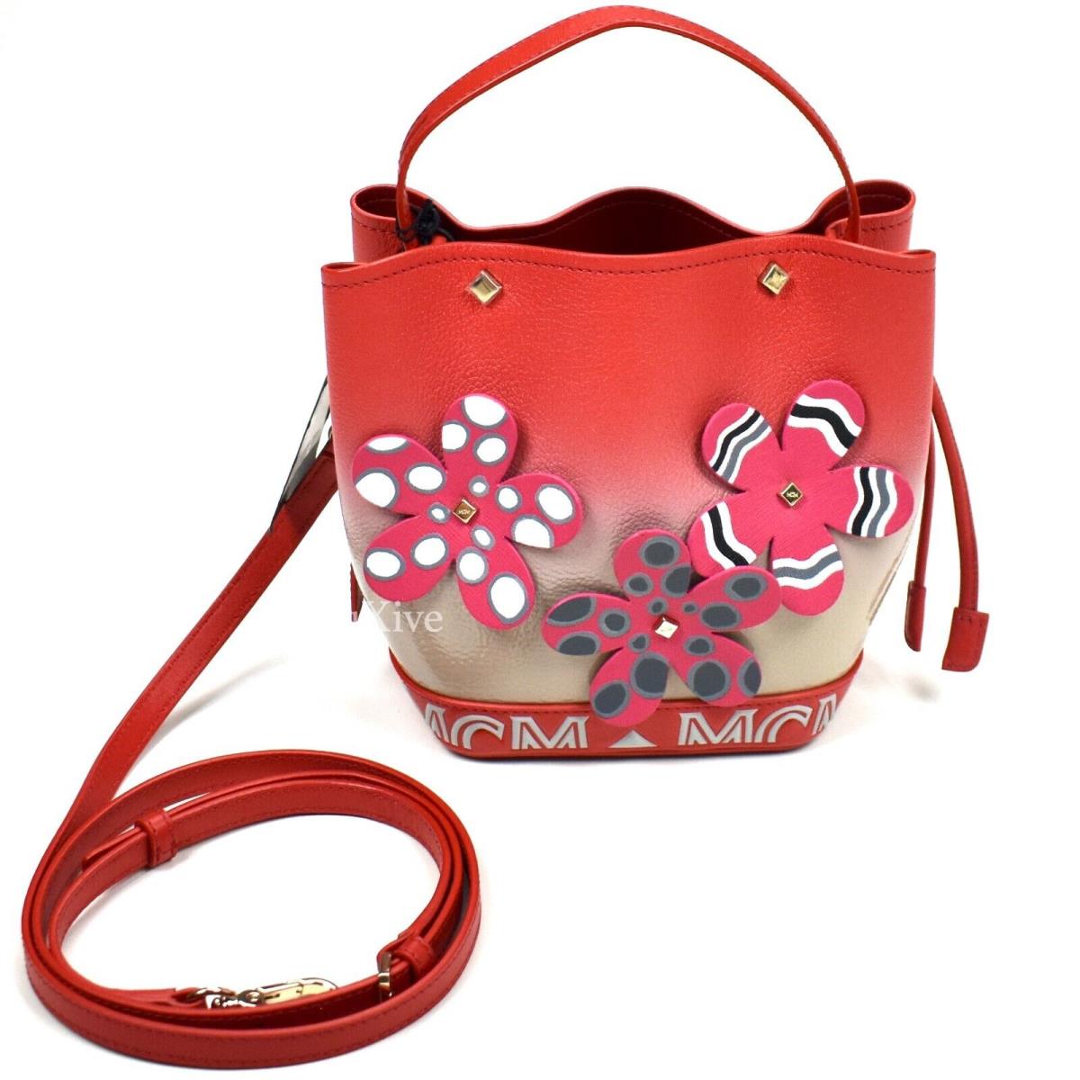 $1.6k Mcm Limited Edition Upcycling Red Leather Painted Flower Bag