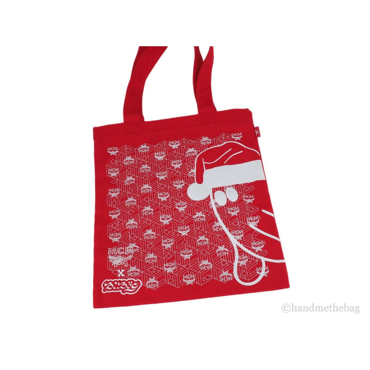 Mcm Bright Red Canvas Logo Graphic Print Reusable Shopping Tote Handbag